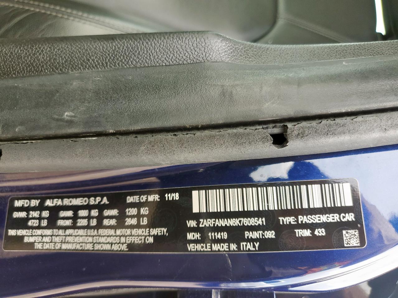 2019 Alfa Romeo Giulia VIN: ZARFANAN6K7608541 Lot: 69942225
