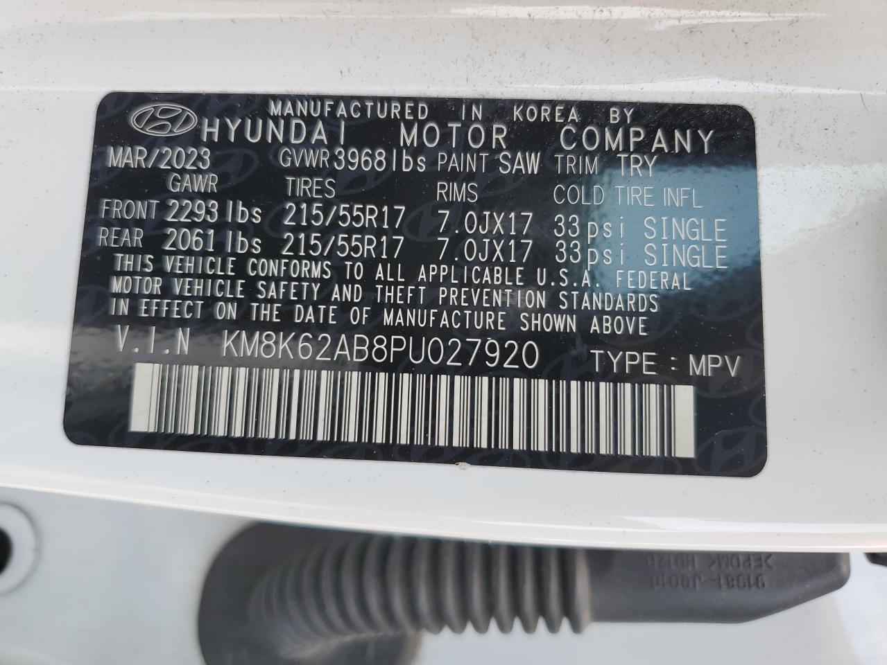 2023 Hyundai Kona Sel VIN: KM8K62AB8PU027920 Lot: 67762105