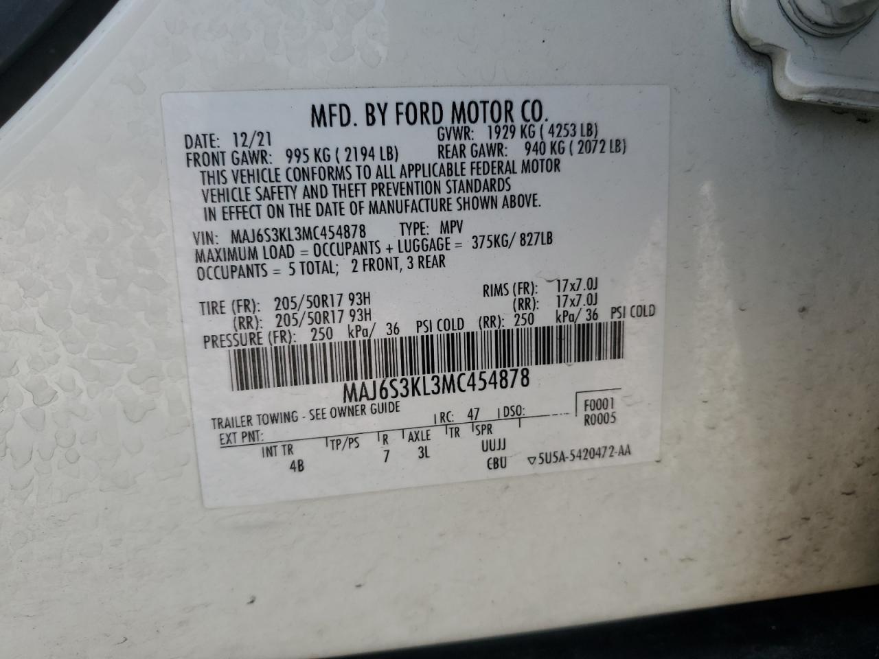 2021 Ford Ecosport Titanium VIN: MAJ6S3KL3MC454878 Lot: 67254385