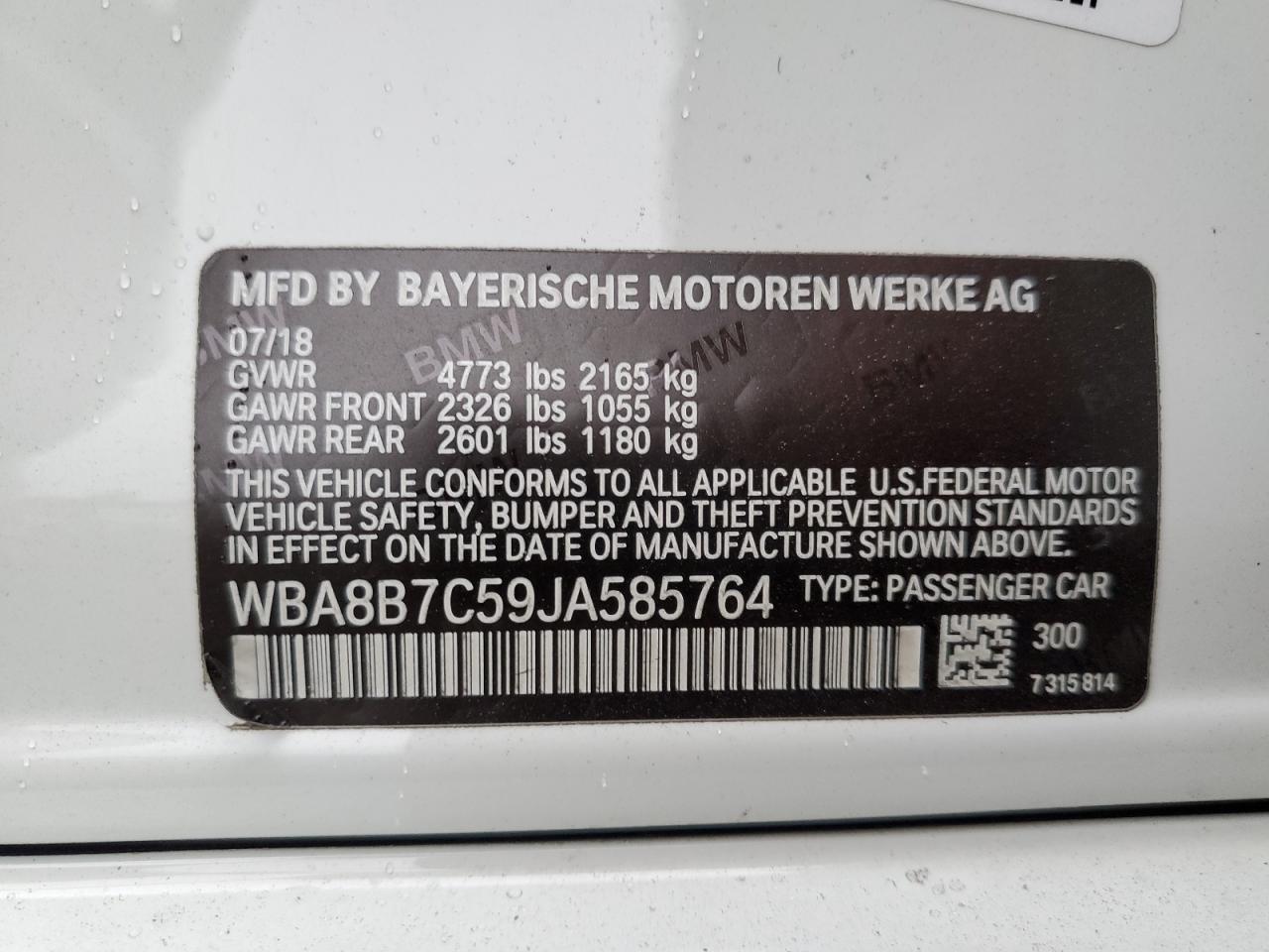 2018 BMW 340 Xi VIN: WBA8B7C59JA585764 Lot: 69554635