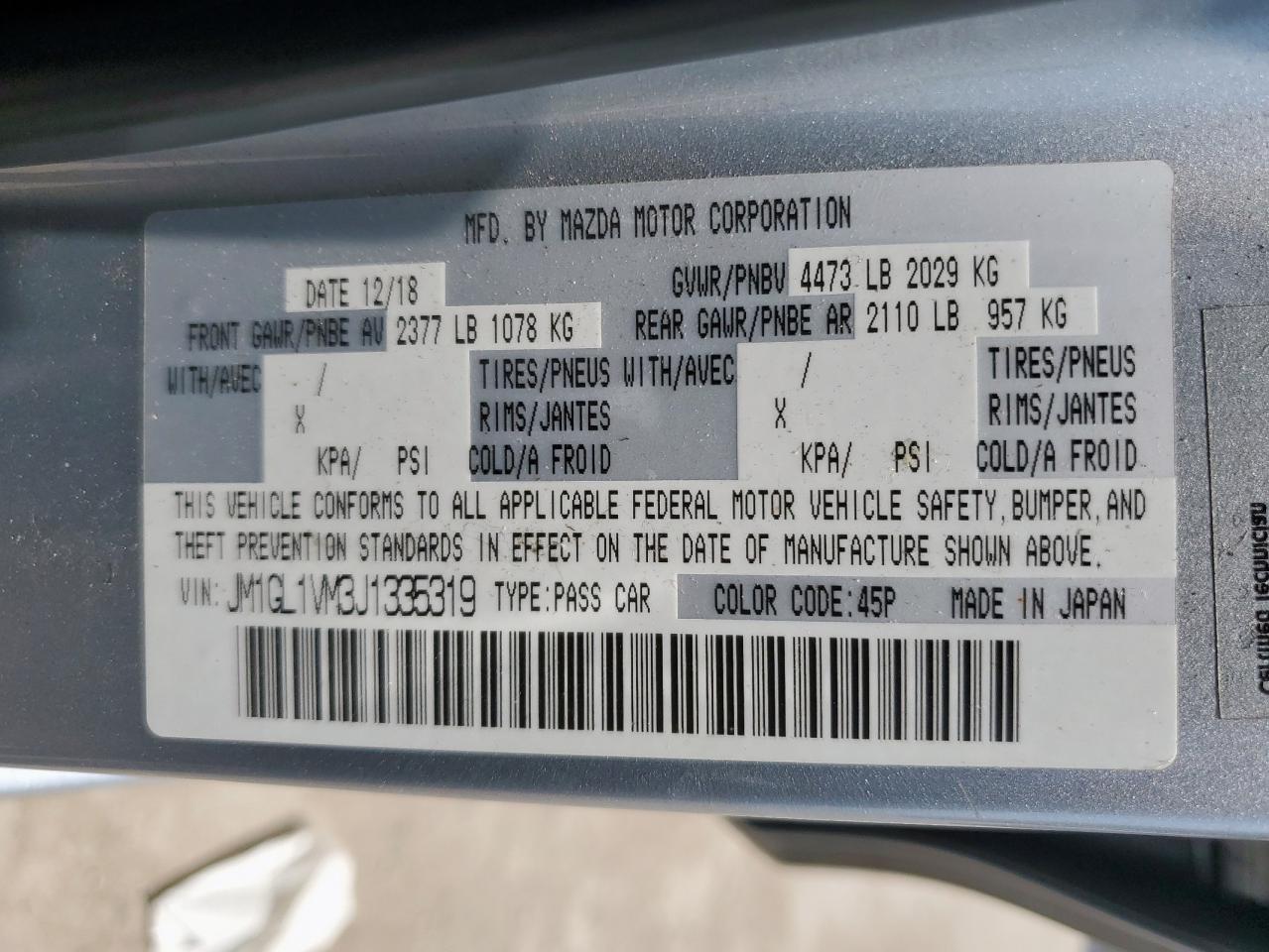 2018 Mazda 6 Touring VIN: JM1GL1VM3J1335319 Lot: 69322975