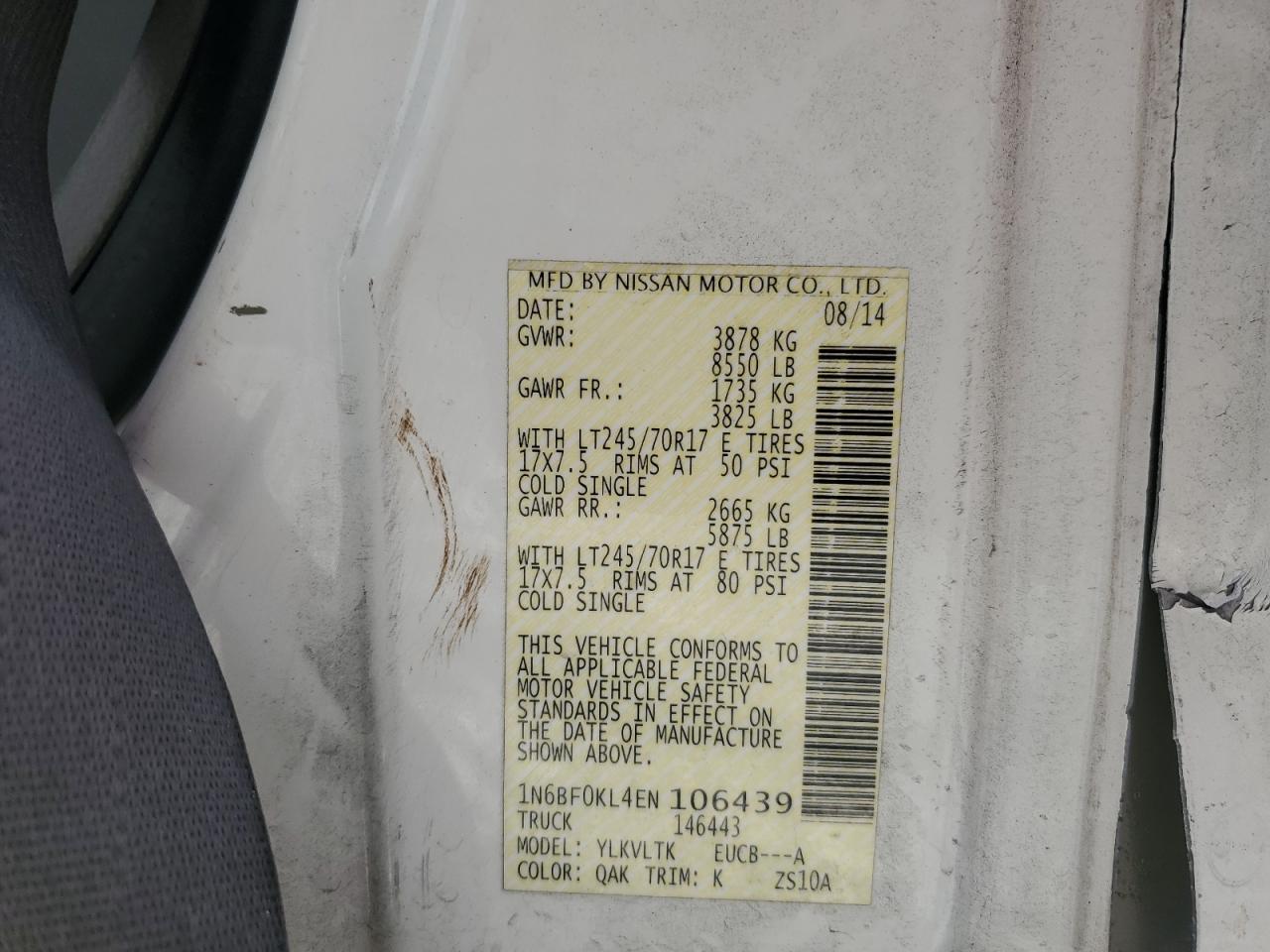 2014 Nissan Nv 1500 VIN: 1N6BF0KL4EN106439 Lot: 86196185
