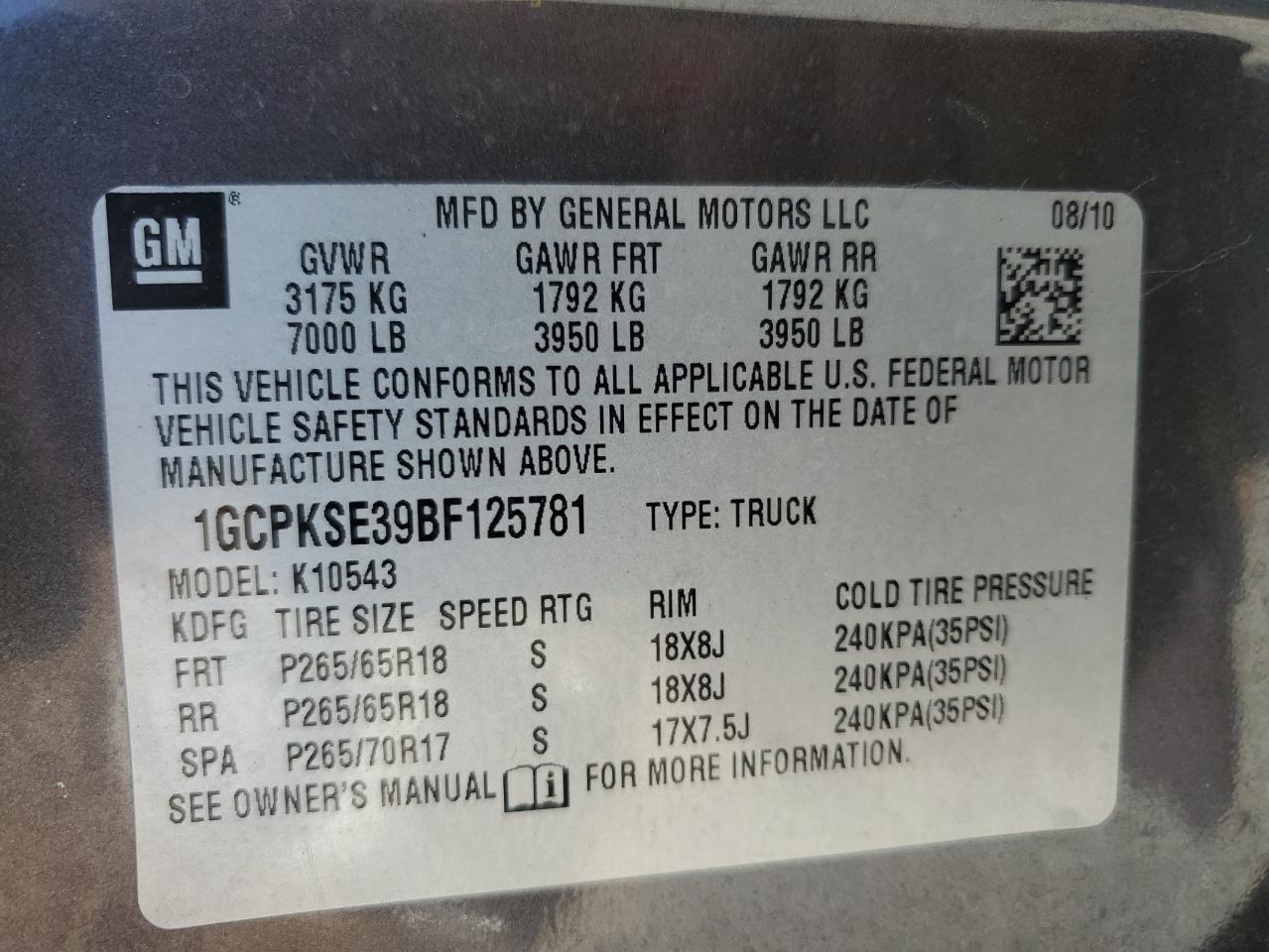 2011 Chevrolet Silverado K1500 Lt VIN: 1GCPKSE39BF125781 Lot: 69318855