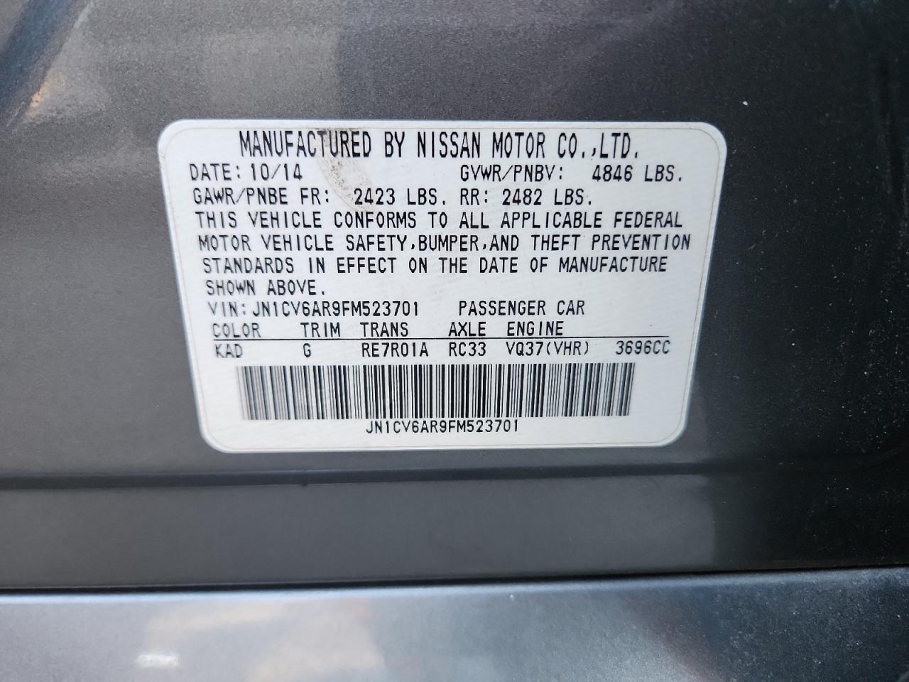 2015 Infiniti Q40 VIN: JN1CV6AR9FM523701 Lot: 69727125