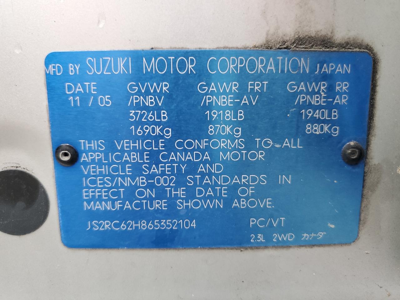 2006 Suzuki Aerio VIN: JS2RC62H865352104 Lot: 68151615