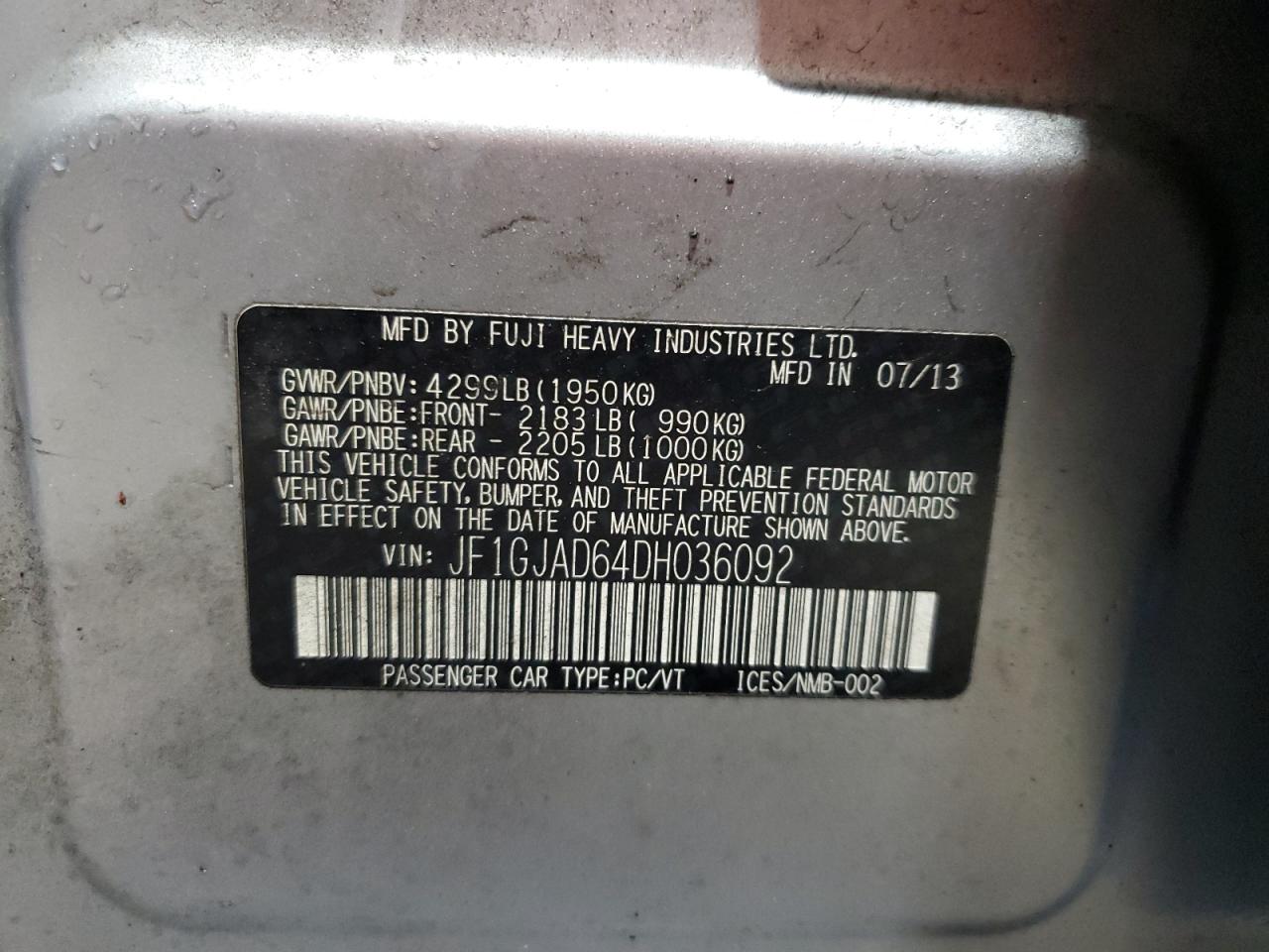 2013 Subaru Impreza Premium VIN: JF1GJAD64DH036092 Lot: 67375225