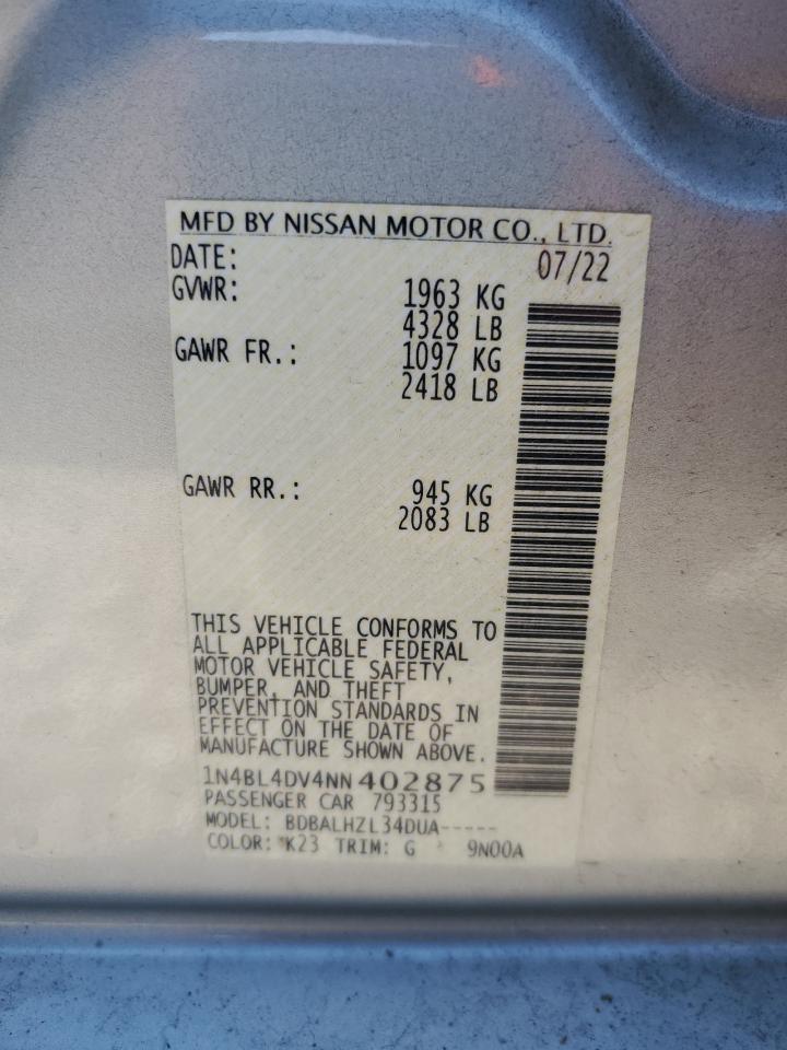 2022 Nissan Altima Sv VIN: 1N4BL4DV4NN402875 Lot: 70127775