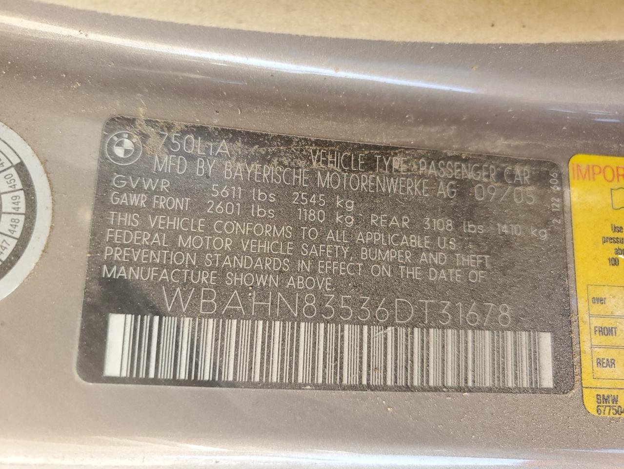 2006 BMW 750 Li VIN: WBAHN83536DT31678 Lot: 70230985