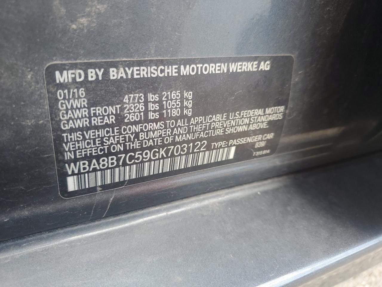 2016 BMW 340 Xi VIN: WBA8B7C59GK703122 Lot: 70452375