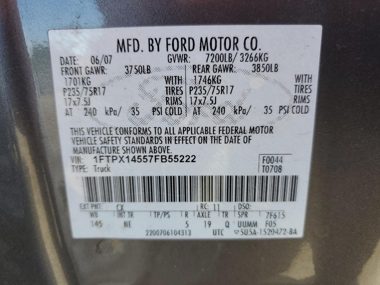 2007 Ford F150 VIN: 1FTPX14557FB55222 Lot: 69412055