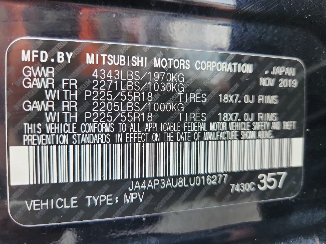 2020 Mitsubishi Outlander Sport Es VIN: JA4AP3AU8LU016277 Lot: 70346395