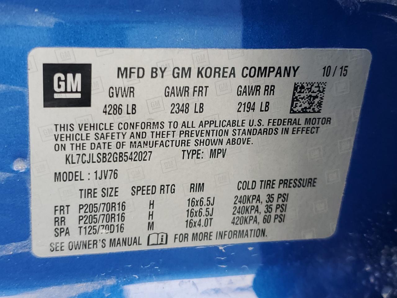 2016 Chevrolet Trax 1Lt VIN: KL7CJLSB2GB542027 Lot: 68857675