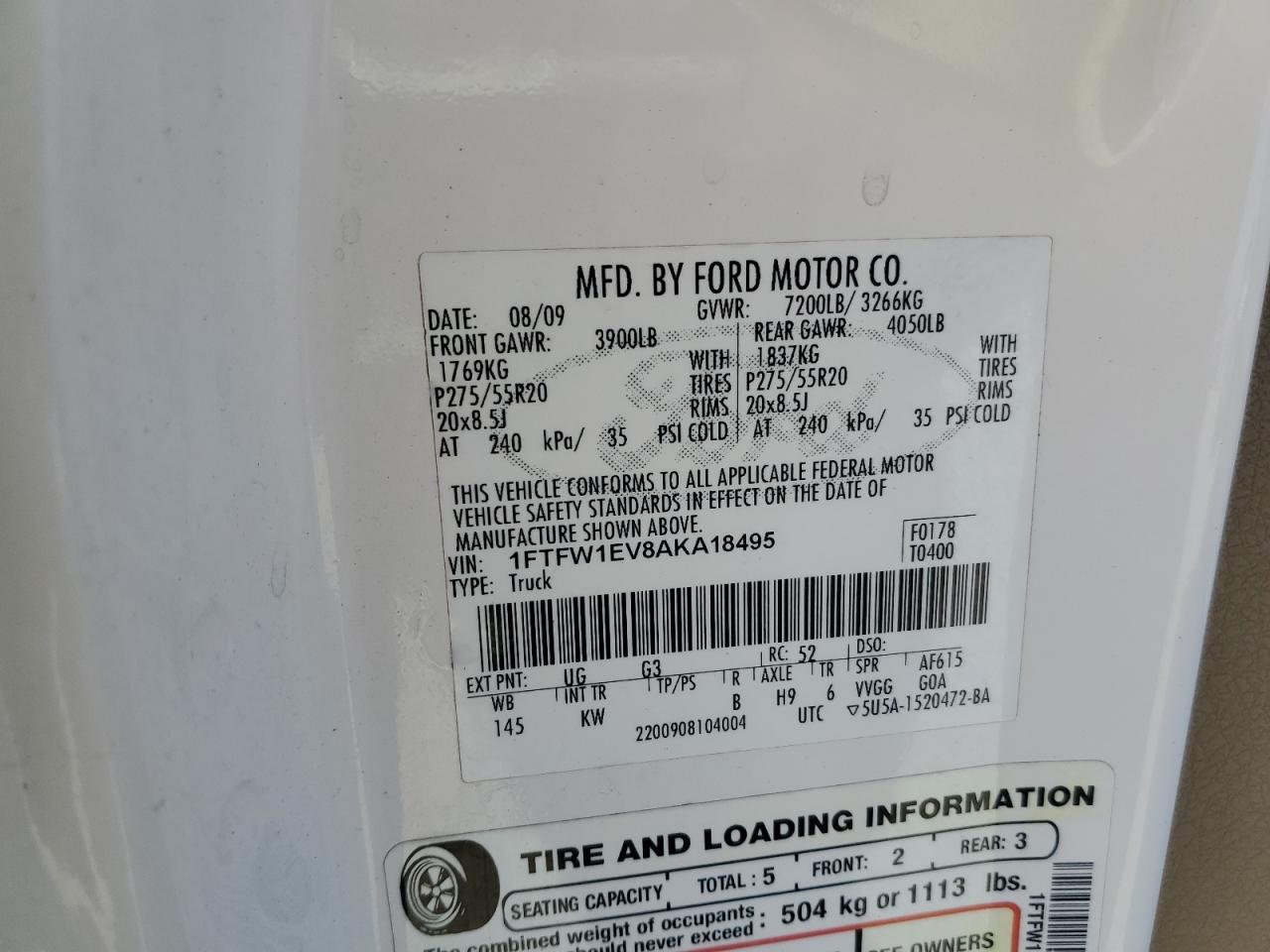 2010 Ford F150 Supercrew VIN: 1FTFW1EV8AKA18495 Lot: 70416595