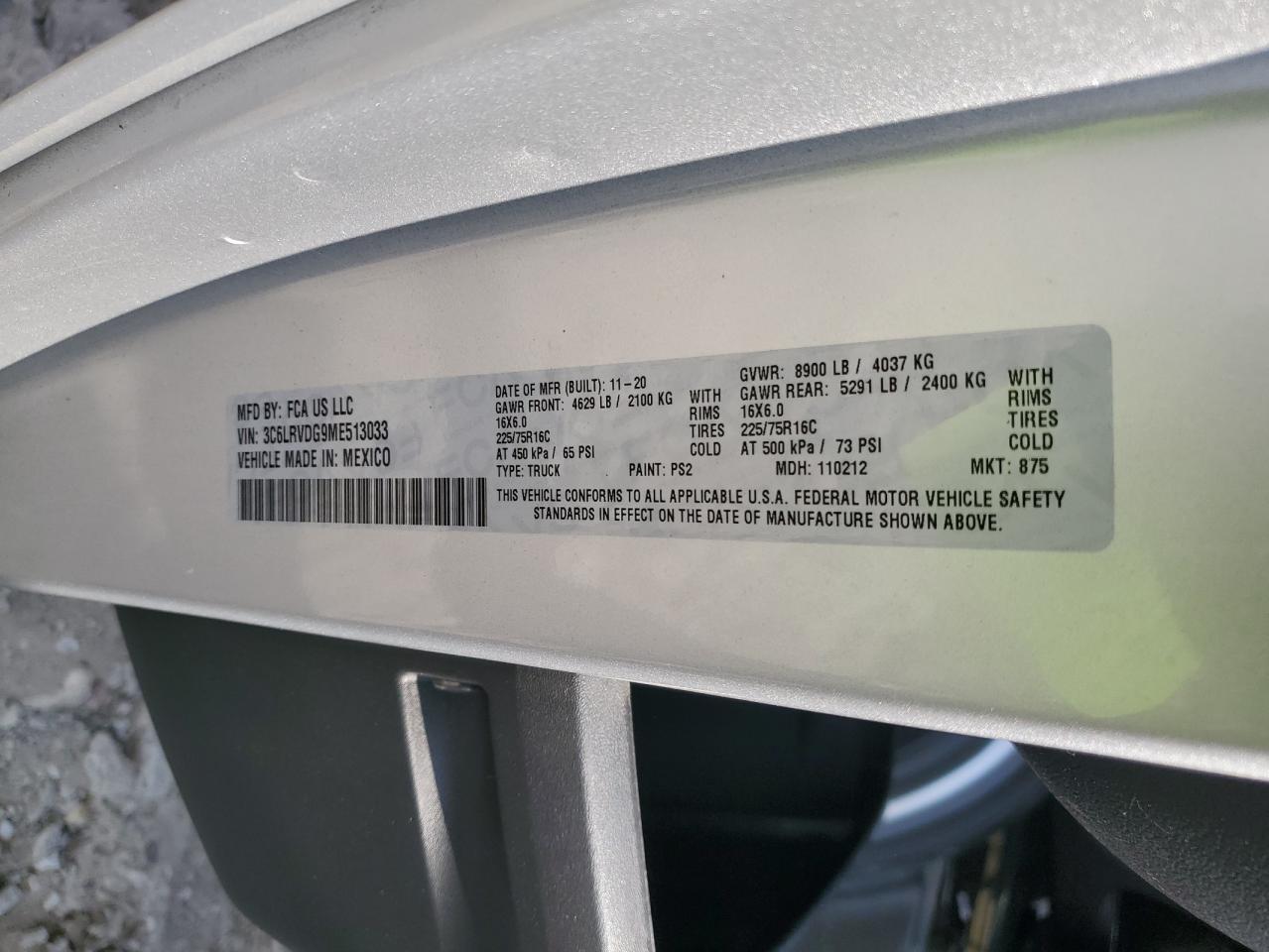 2021 Ram Promaster 2500 2500 High VIN: 3C6LRVDG9ME513033 Lot: 69000525