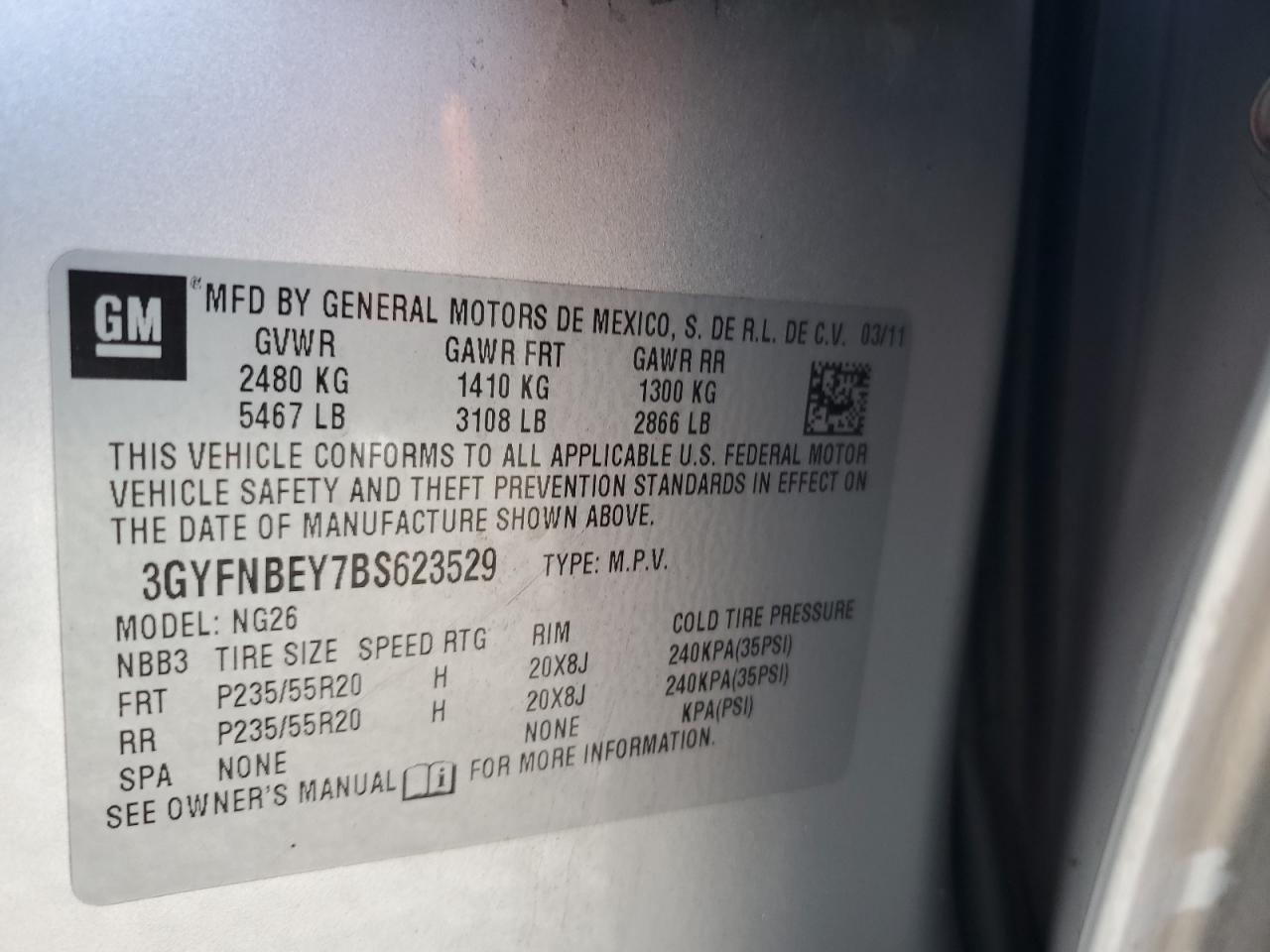 2011 Cadillac Srx Performance Collection VIN: 3GYFNBEY7BS623529 Lot: 68782715