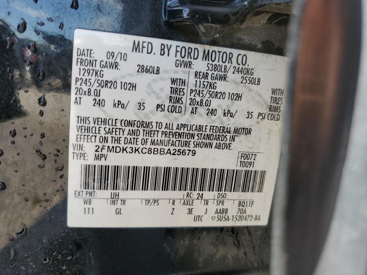 2011 Ford Edge Limited VIN: 2FMDK3KC8BBA25679 Lot: 67718885