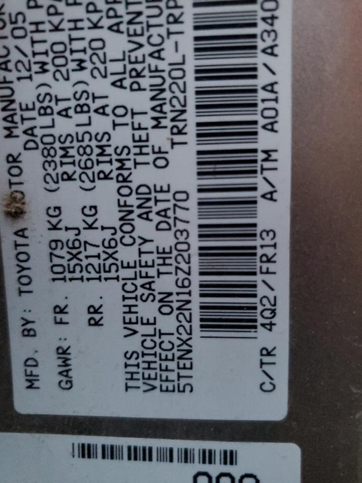 2006 Toyota Tacoma VIN: 5TENX22N16Z203770 Lot: 71134645