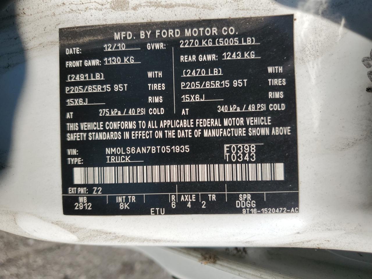 2011 Ford Transit Connect Xl VIN: NM0LS6AN7BT051935 Lot: 67385055