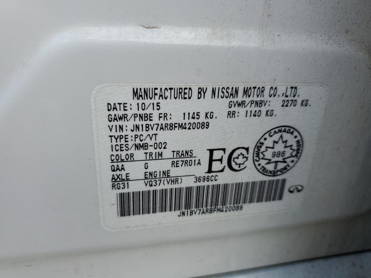 2015 Infiniti Q50 Base VIN: JN1BV7AR8FM420089 Lot: 67475125