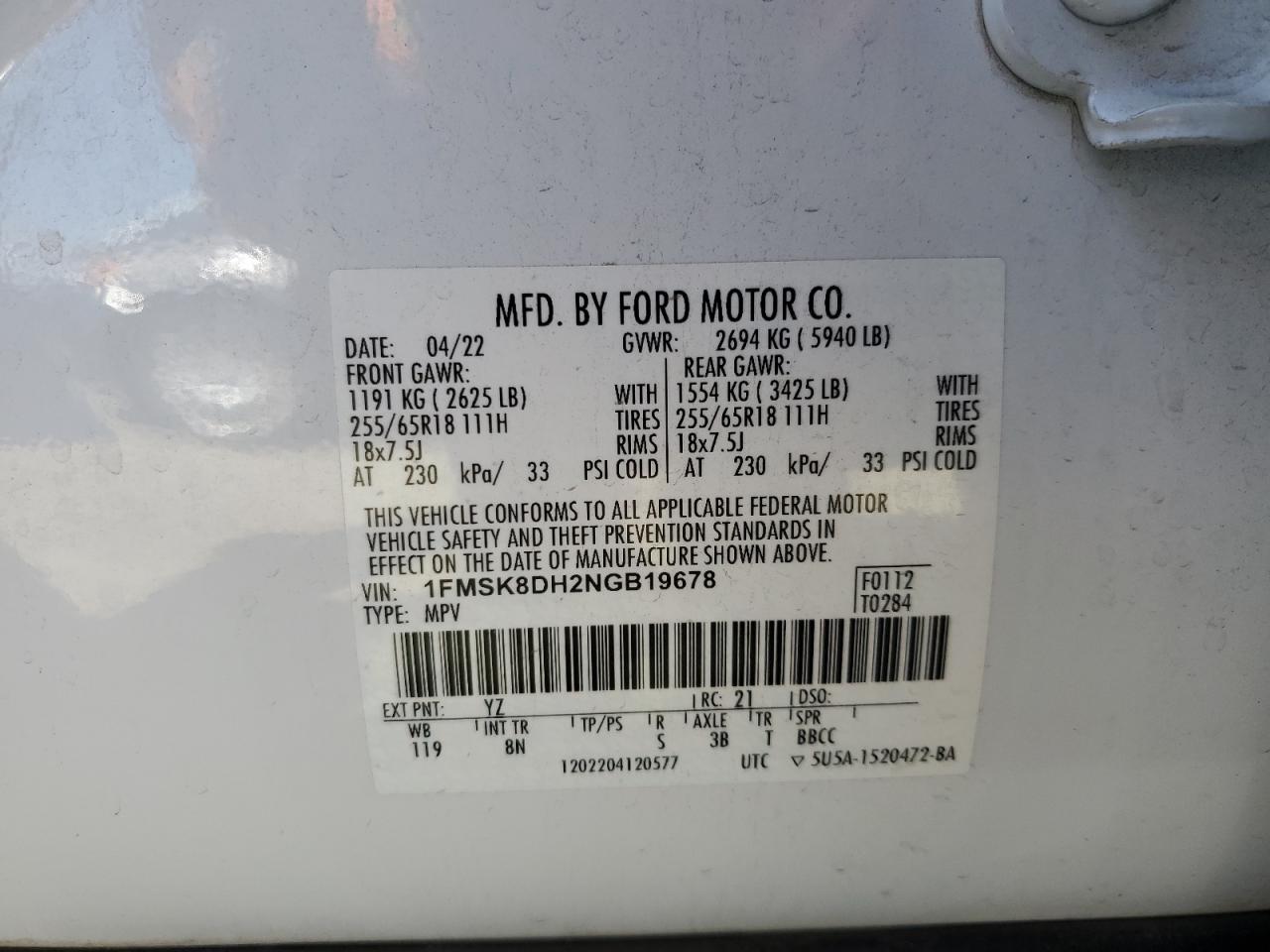 2022 Ford Explorer Xlt VIN: 1FMSK8DH2NGB19678 Lot: 70606385