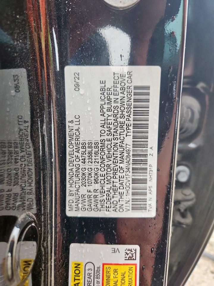 2022 Honda Accord Sport VIN: 1HGCV1F34NA084977 Lot: 69880245