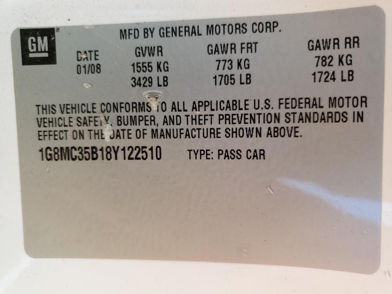 2008 Saturn Sky VIN: 1G8MC35B18Y122510 Lot: 69797985