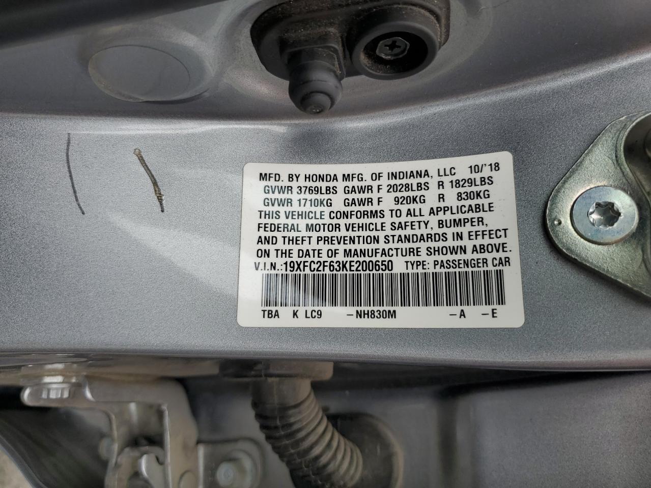 2019 Honda Civic Lx VIN: 19XFC2F63KE200650 Lot: 70949325