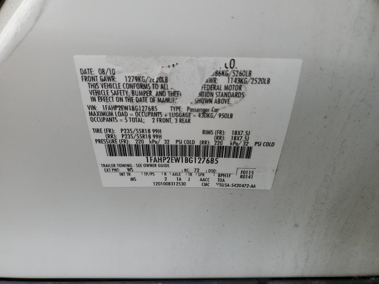 2011 Ford Taurus Sel VIN: 1FAHP2EW1BG127685 Lot: 61986175