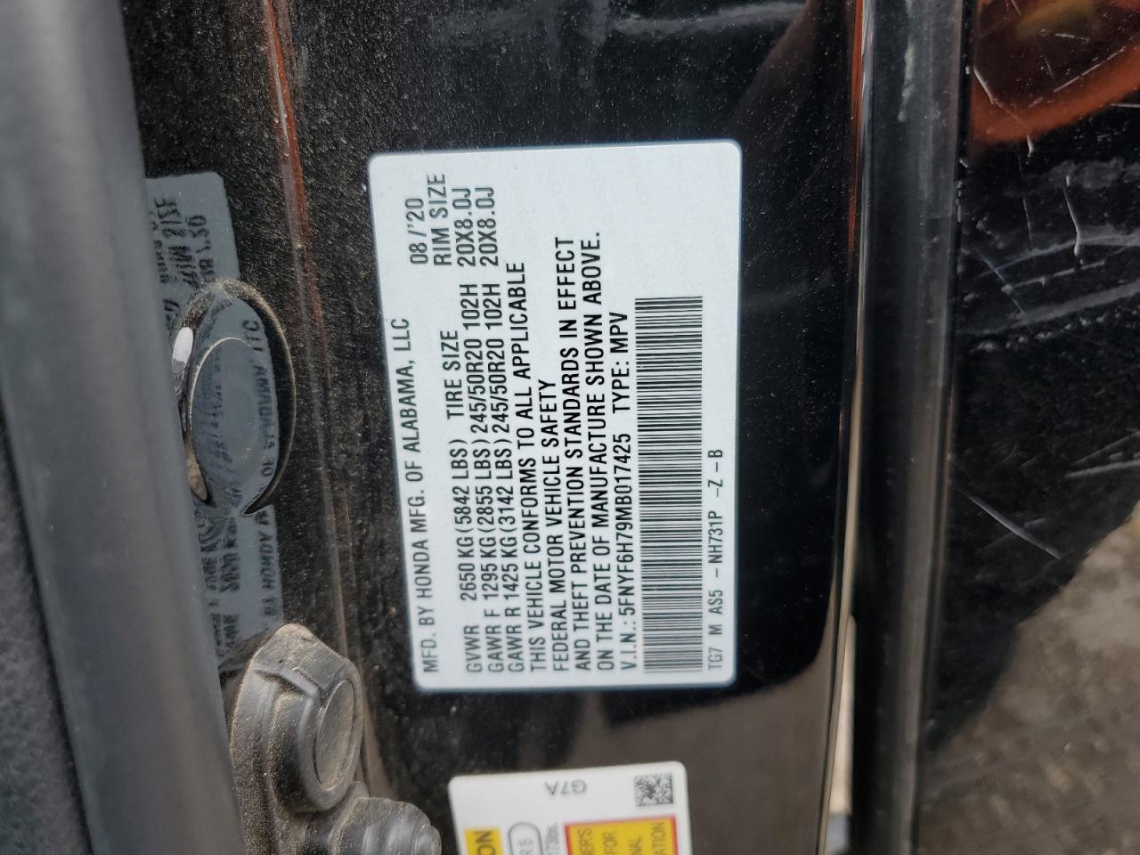 2021 Honda Pilot Black VIN: 5FNYF6H79MB017425 Lot: 70349805