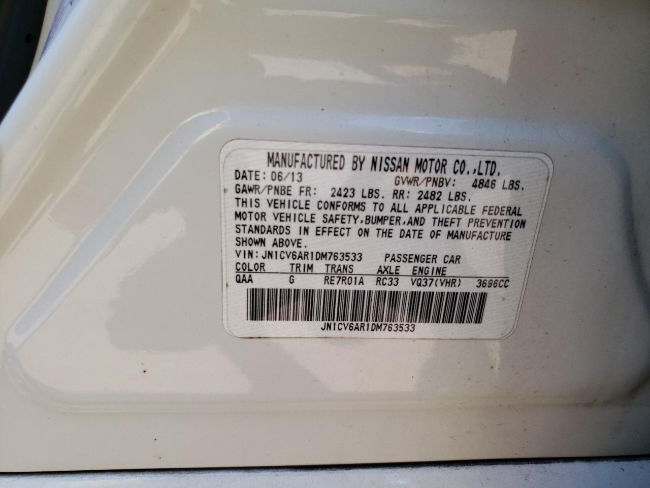 2013 Infiniti G37 VIN: JN1CV6AR1DM763533 Lot: 67998735