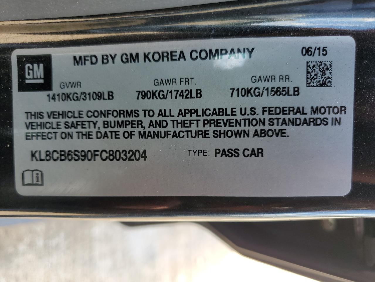 2015 Chevrolet Spark Ls VIN: KL8CB6S90FC803204 Lot: 69191245