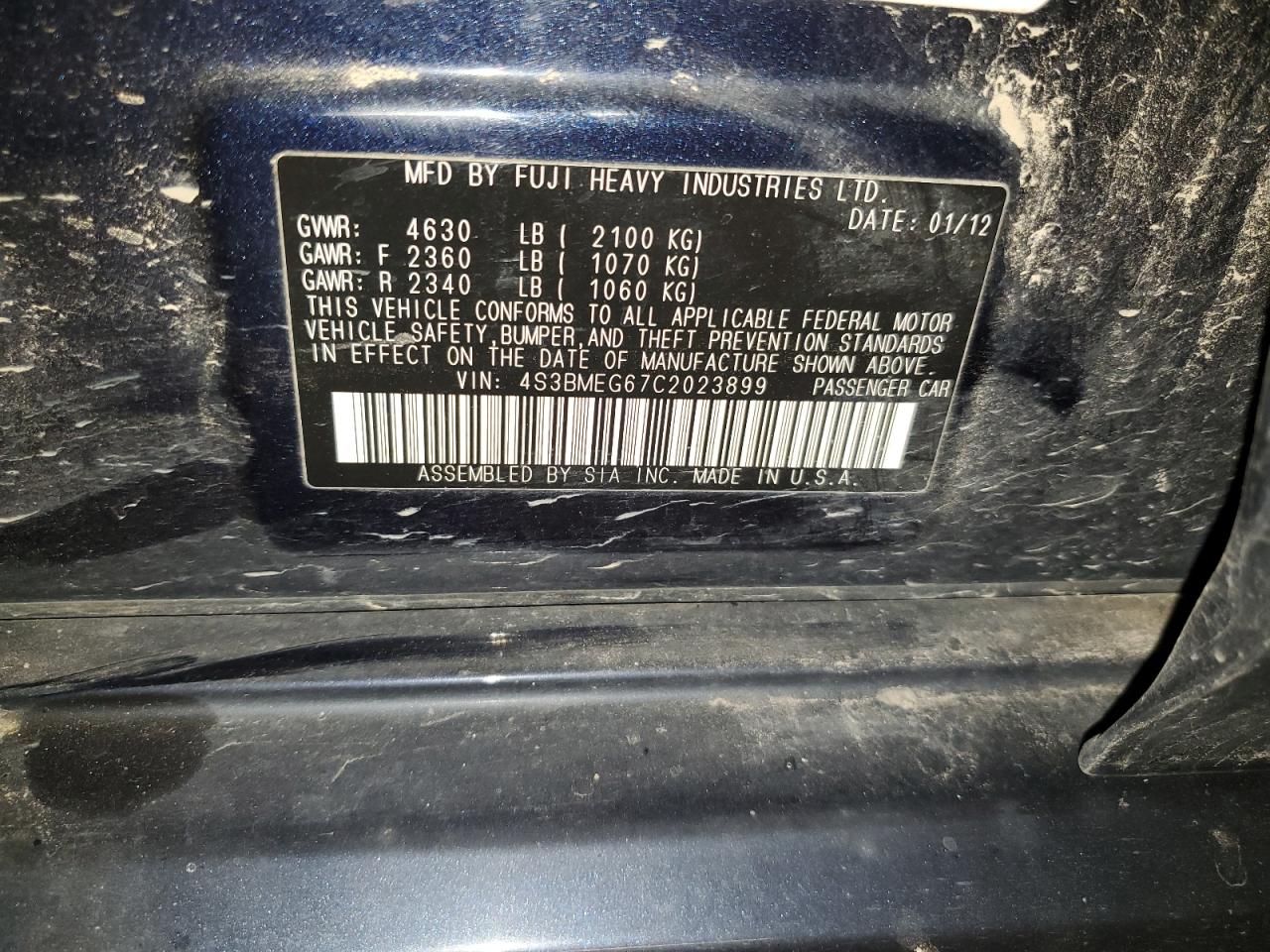 2012 Subaru Legacy 3.6R Premium VIN: 4S3BMEG67C2023899 Lot: 68781665