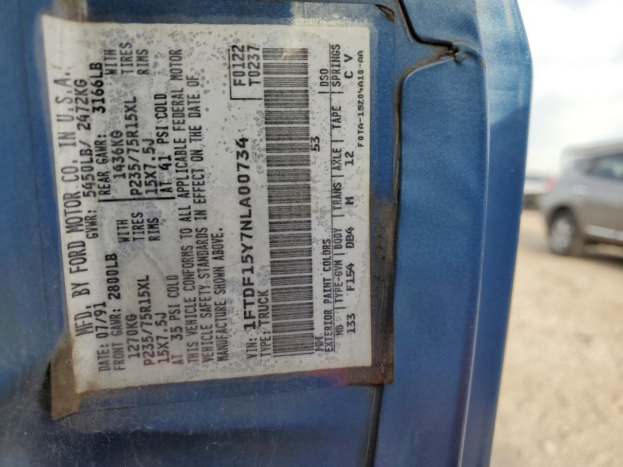 1992 Ford F150 VIN: 1FTDF15Y7NLA00734 Lot: 69955385