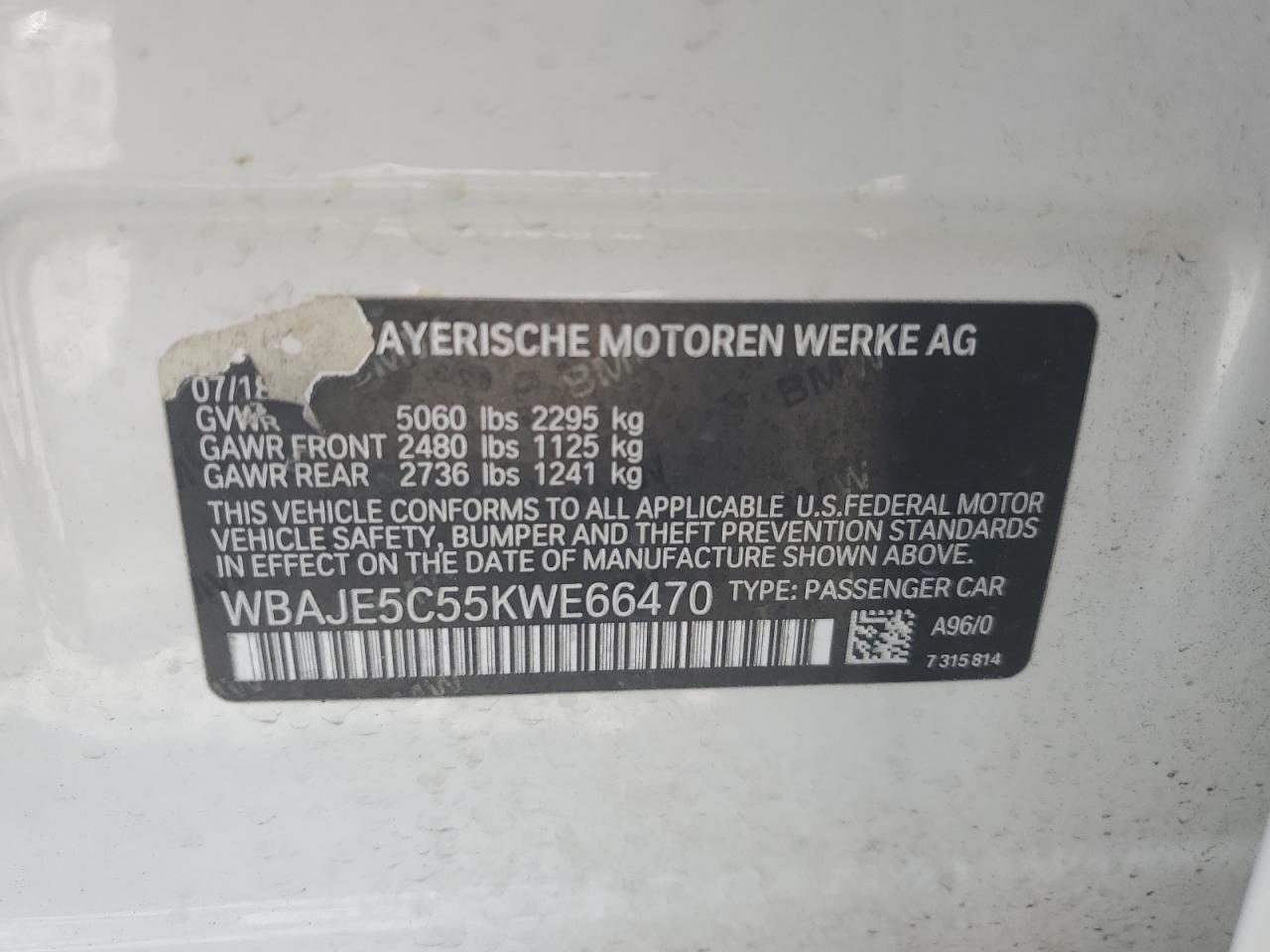 2019 BMW 540 I VIN: WBAJE5C55KWE66470 Lot: 70002145