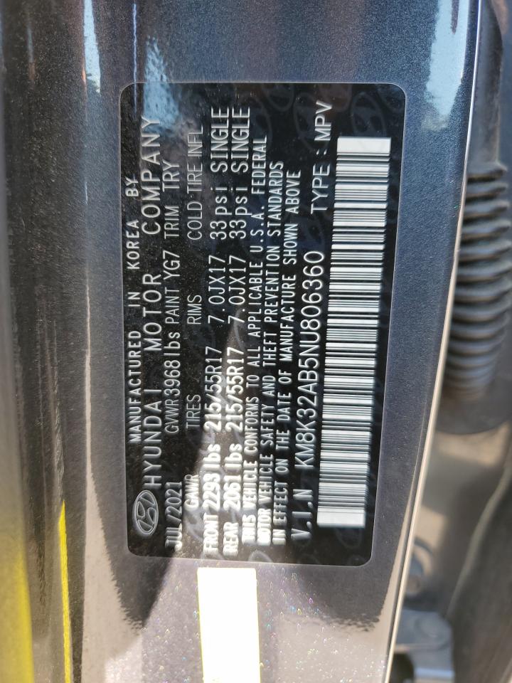 2022 Hyundai Kona Sel VIN: KM8K32AB5NU806360 Lot: 69002275