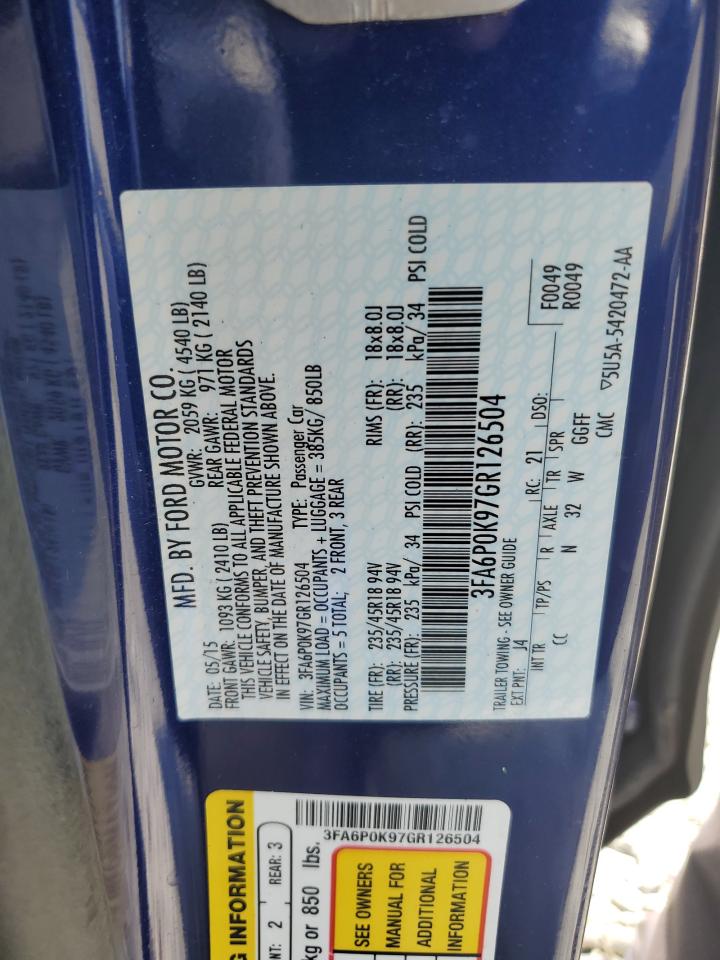 2016 Ford Fusion Titanium VIN: 3FA6P0K97GR126504 Lot: 69791735