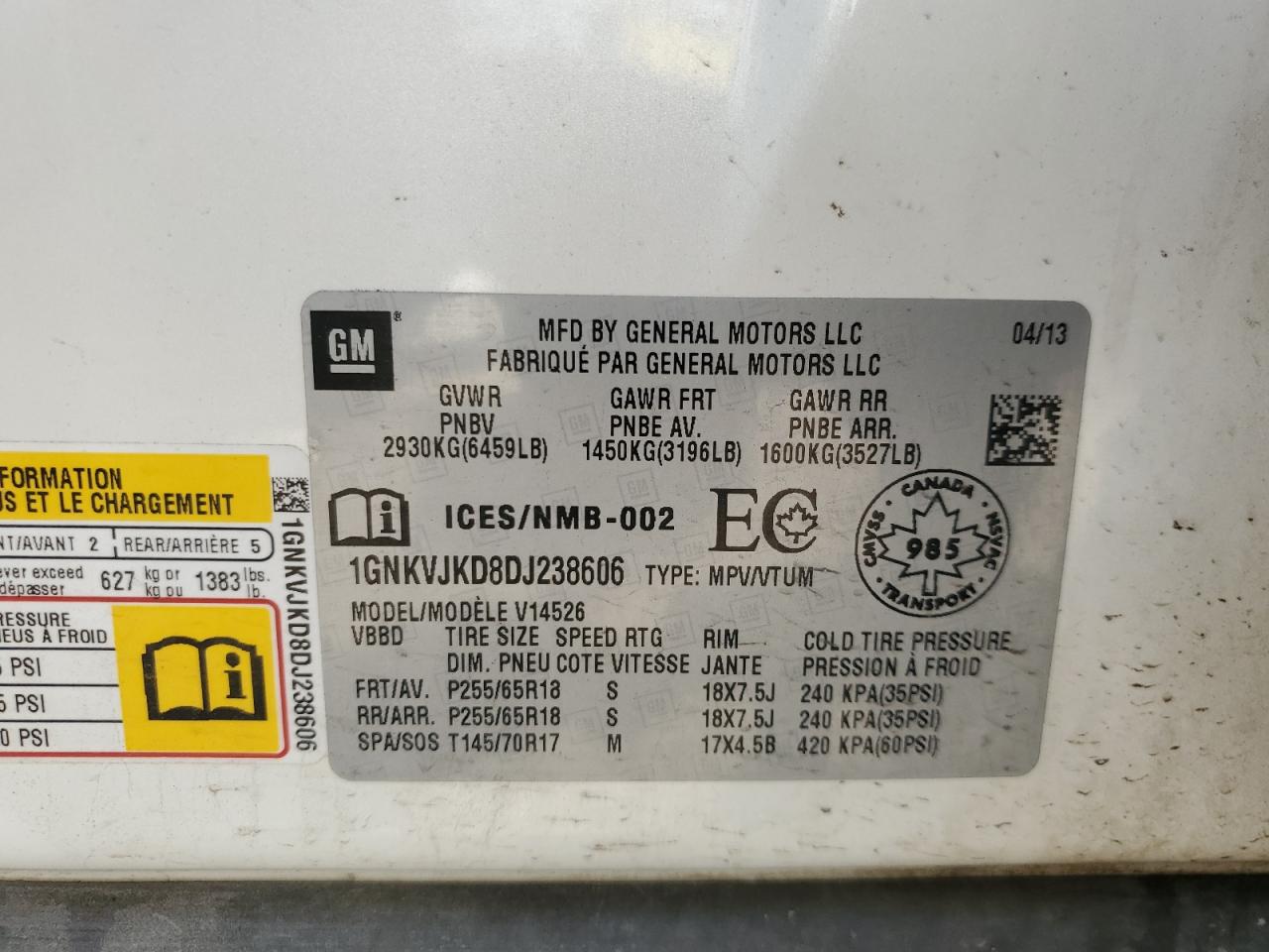 2013 Chevrolet Traverse Lt VIN: 1GNKVJKD8DJ238606 Lot: 68182515