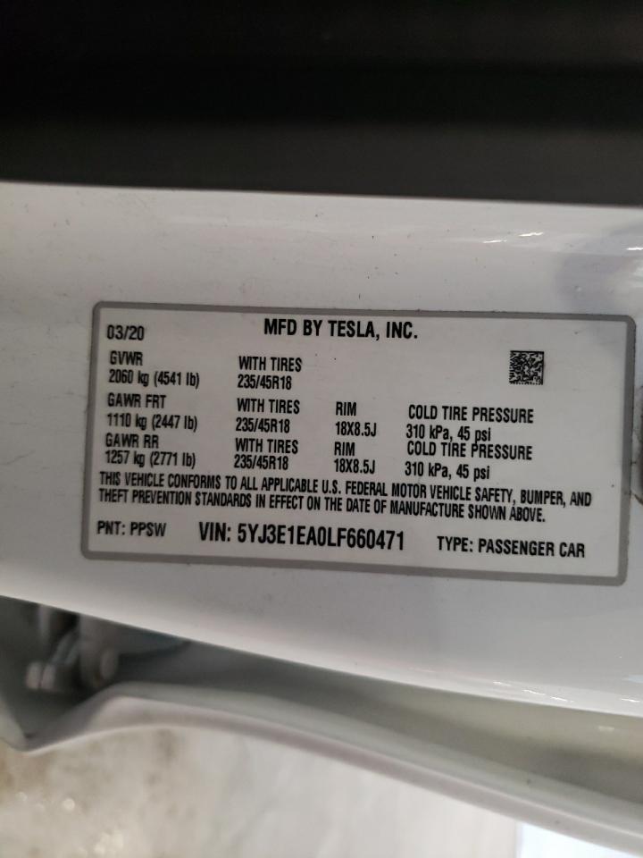 2020 Tesla Model 3 VIN: 5YJ3E1EA0LF660471 Lot: 68139025