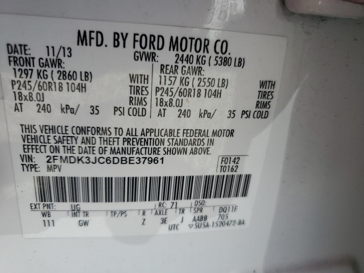 2013 Ford Edge Sel VIN: 2FMDK3JC6DBE37961 Lot: 69150695