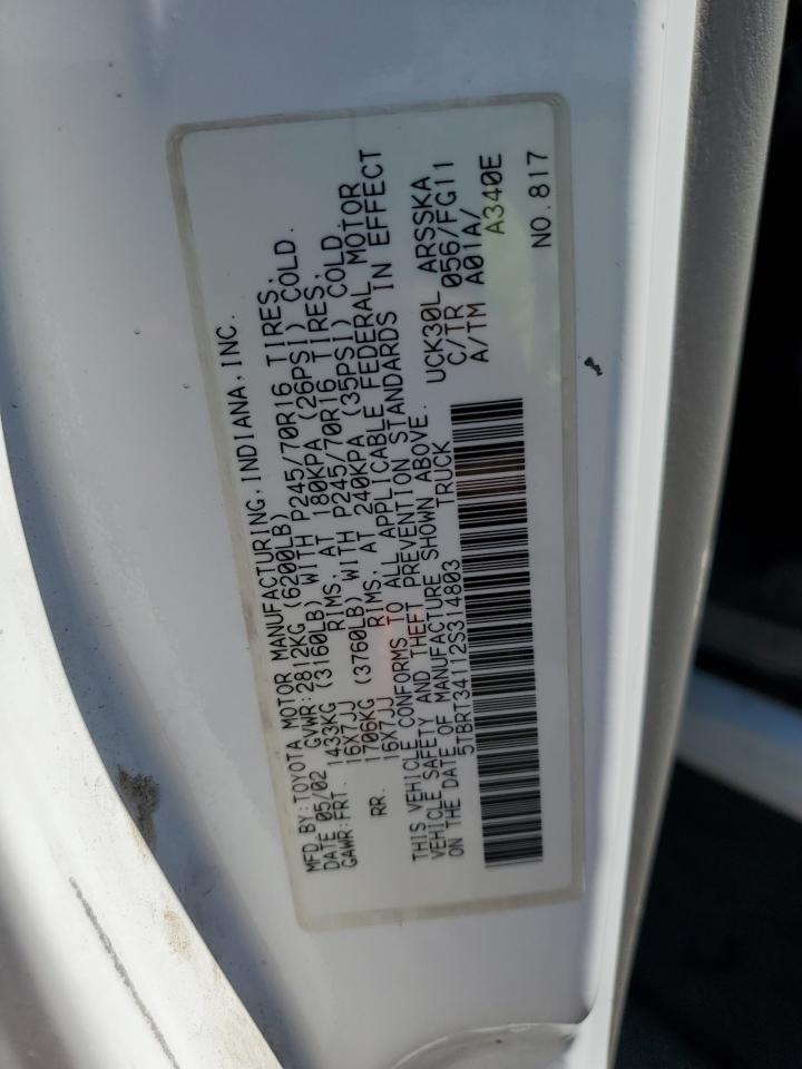 2002 Toyota Tundra Access Cab VIN: 5TBRT34112S314803 Lot: 69234665