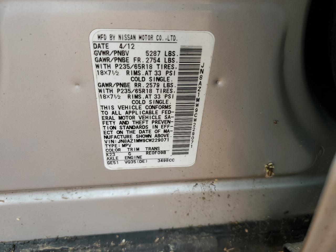 JN8AZ1MW9CW229071 2012 Nissan Murano S