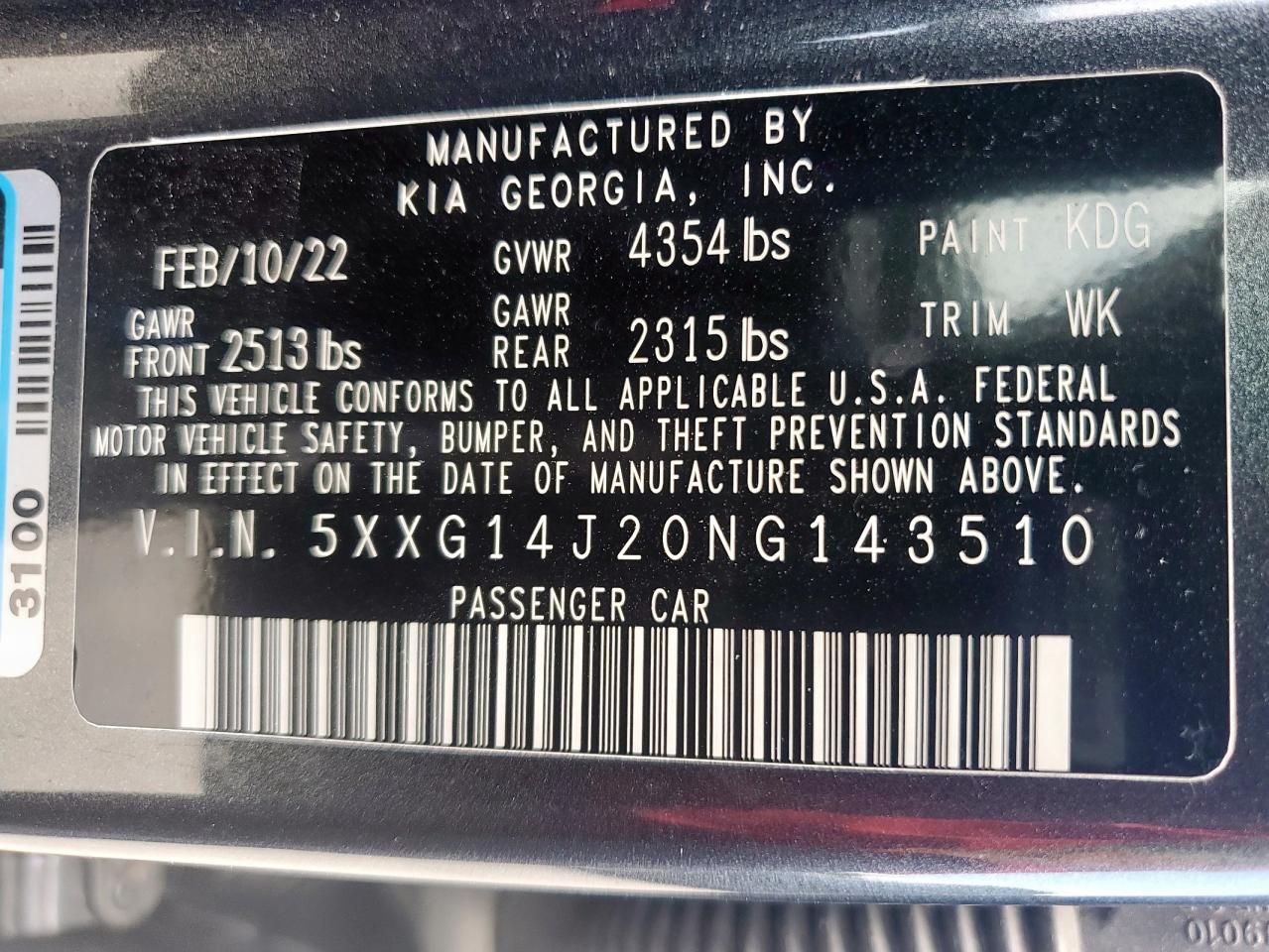 2022 Kia K5 Lxs VIN: 5XXG14J20NG143510 Lot: 68316885