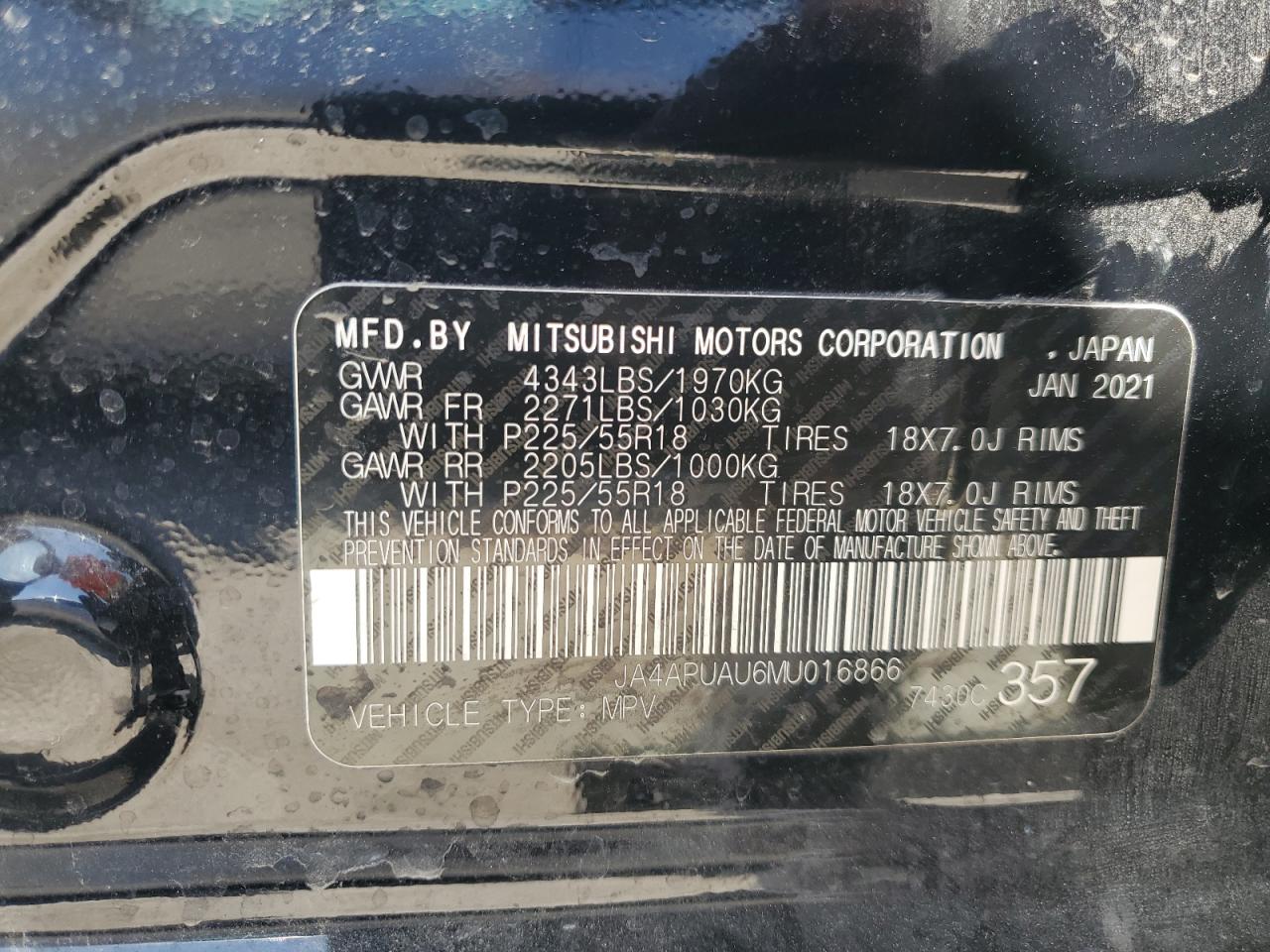 2021 Mitsubishi Outlander Sport Es VIN: JA4APUAU6MU016866 Lot: 70368395