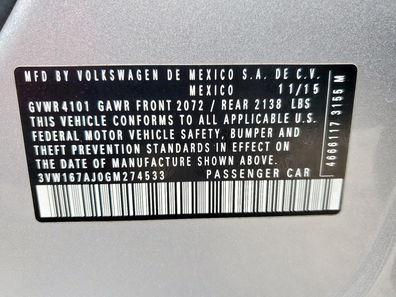 2016 Volkswagen Jetta S VIN: 3VW167AJ0GM274533 Lot: 70100235
