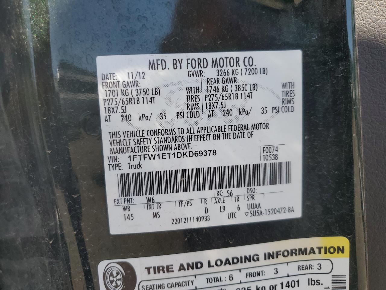 2013 Ford F150 Supercrew VIN: 1FTFW1ET1DKD69378 Lot: 68116585