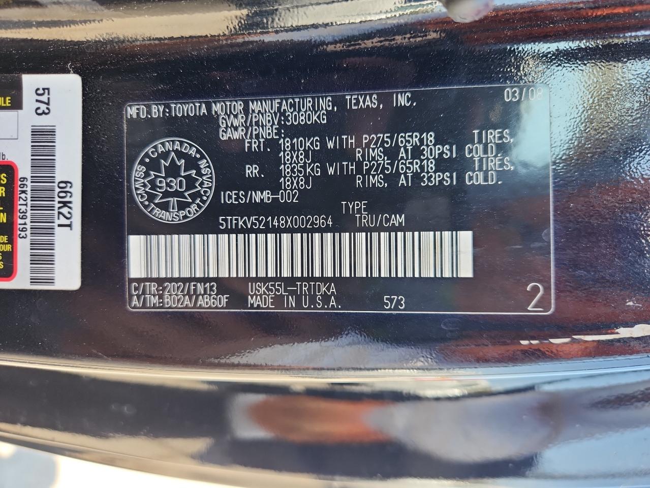2008 Toyota Tundra VIN: 5TFKV52148X002964 Lot: 68858495