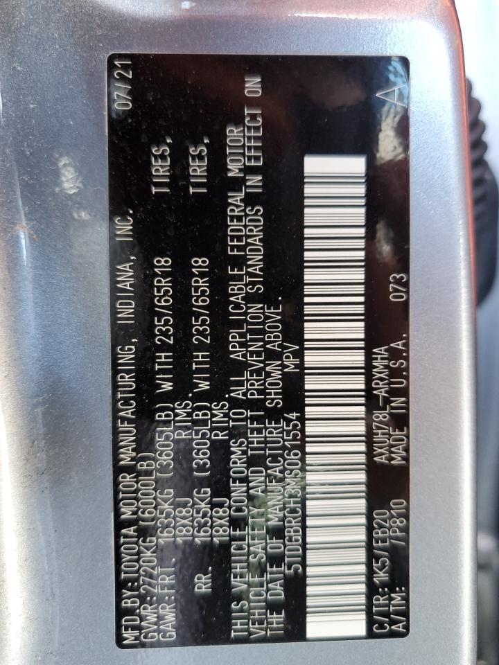 2021 Toyota Highlander Hybrid Xle VIN: 5TDGBRCH3MS061554 Lot: 70096835