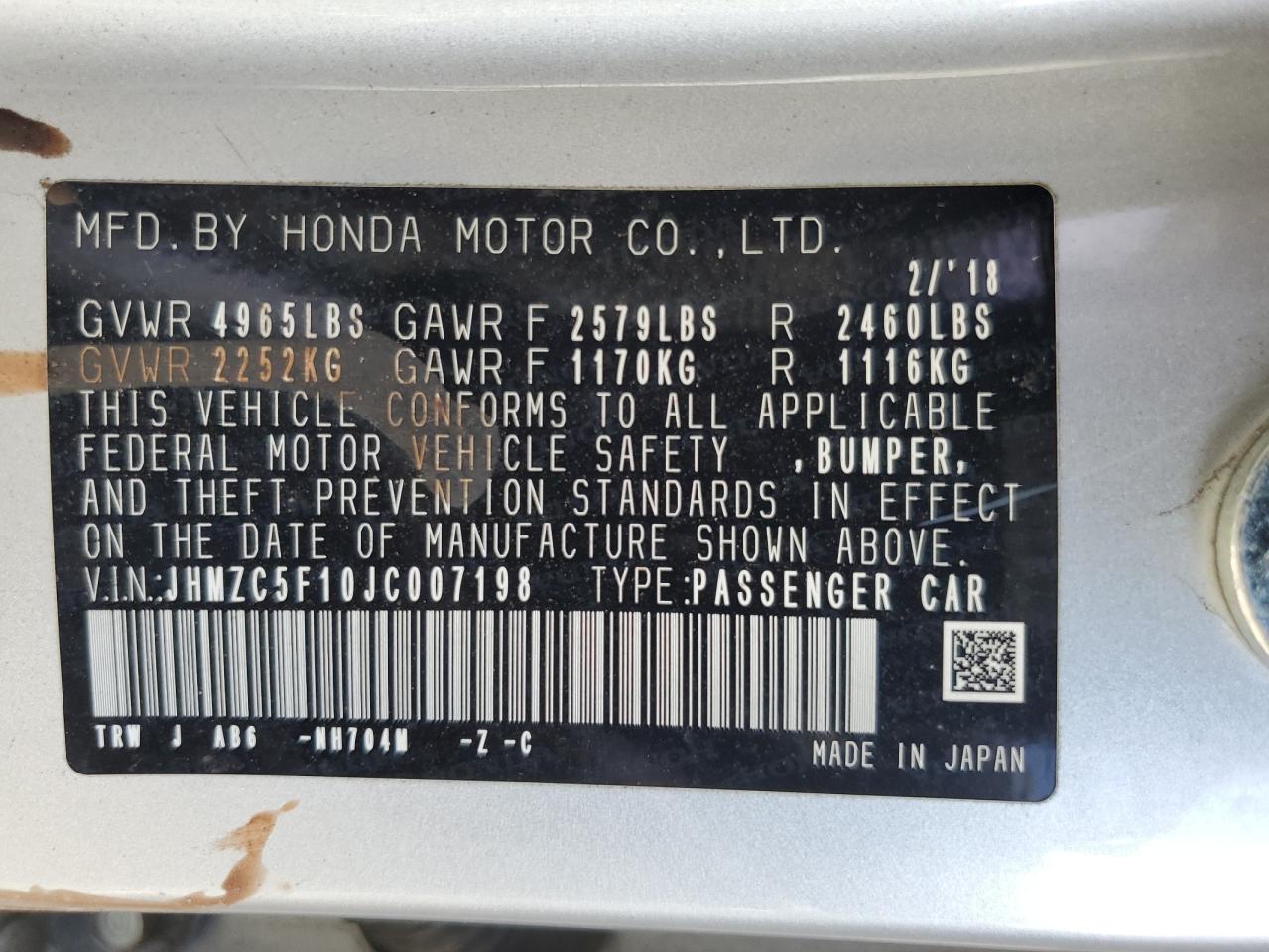 2018 Honda Clarity VIN: JHMZC5F10JC007198 Lot: 70308365