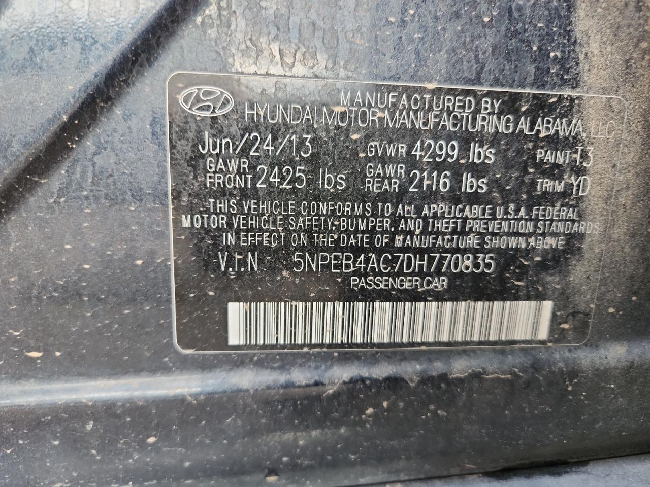 2013 Hyundai Sonata Gls VIN: 5NPEB4AC7DH770835 Lot: 69966805