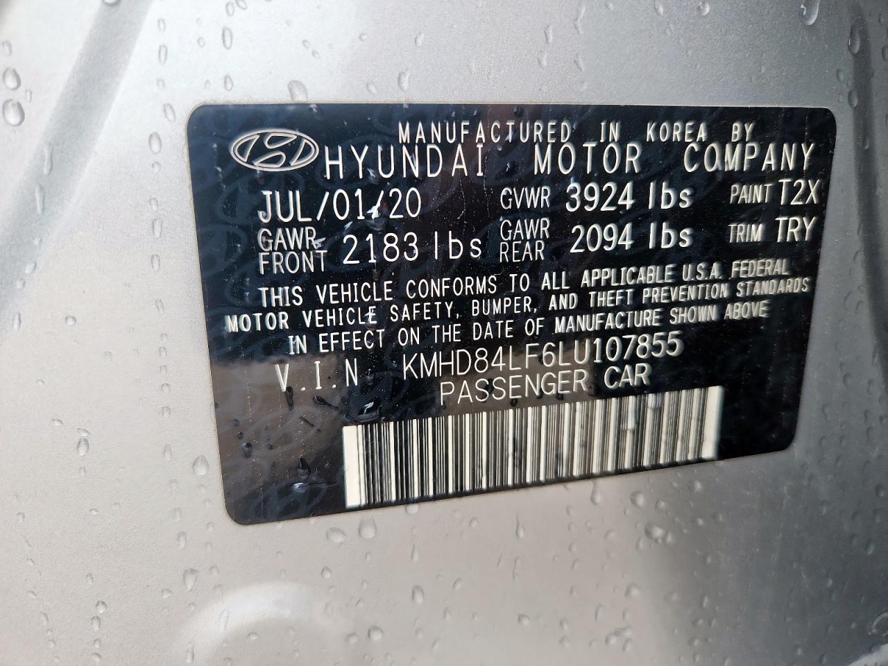 2020 Hyundai Elantra Sel VIN: KMHD84LF6LU107855 Lot: 66532055